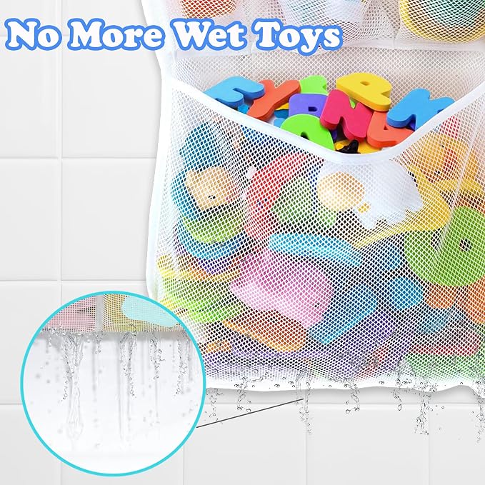Bath Toy Storage Organizer – Large Mesh Bath Toy Holder & Bath Toy Net for Tub, Quick Dry Bathtub Bag with 2 Strong Suction Cups, 2 Adhesive Hooks, Quick-Dry Hanging Shower Cubby Basket, 14x20 Inch - Image 4