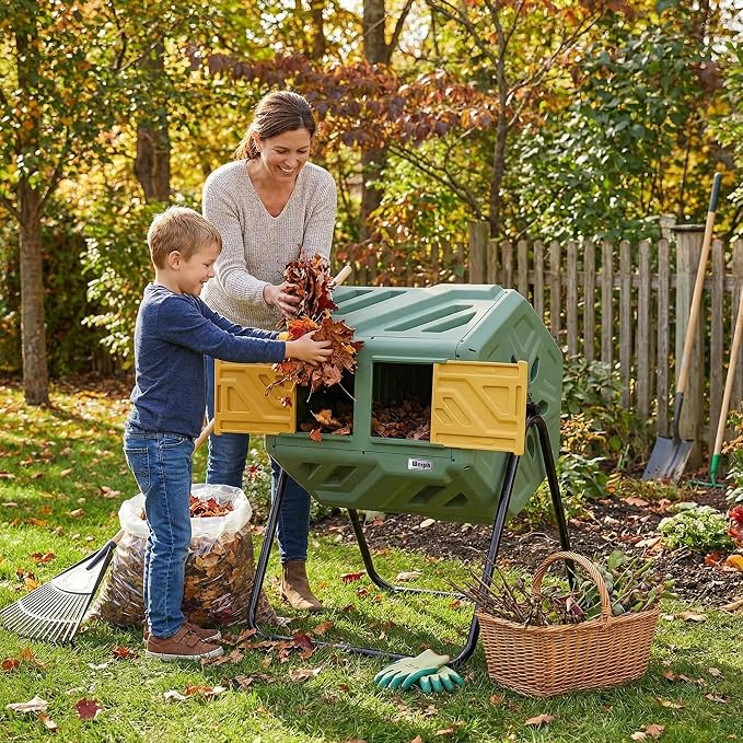 Werph Updated 43 Gallon Dual-Chamber Compost Bin, Fast Assembly Outdoor Compost Tumbler, Rotating Batch Composter Bin with Gloves for Garden, Kitchen, and Yard - Image 2