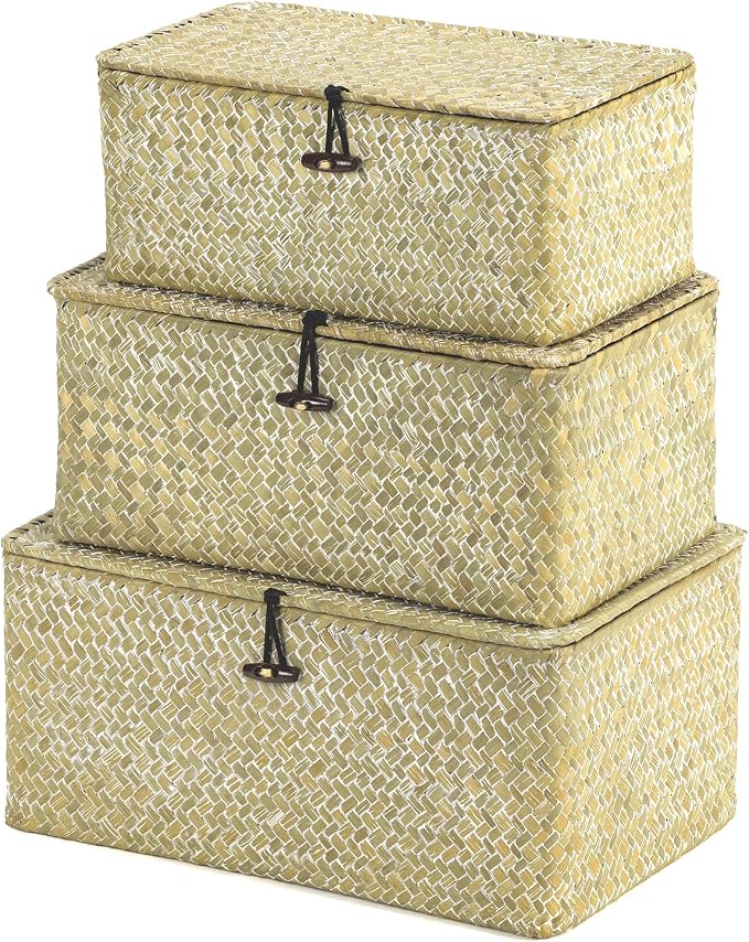 Nonam Storage Basket with Lid, Natural Seagrass Bin with Lid Set of 3, Shelf Baskets Multipurpose Container for Boho Decoration, Rectangular Household Storage Boxes for Home Organization-White by Unknown