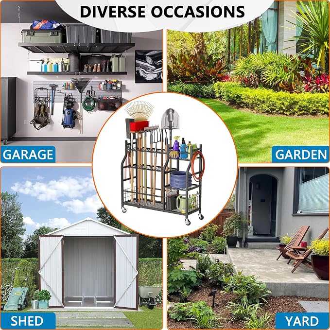 Garden Tool Organizer with Wheels for Garage and Shed, Spacious Tool Storage, Multi-Tier Design with Side Hooks for Rakes, Shovels, Brooms, and Yard Tools Rolling Cart - Image 5