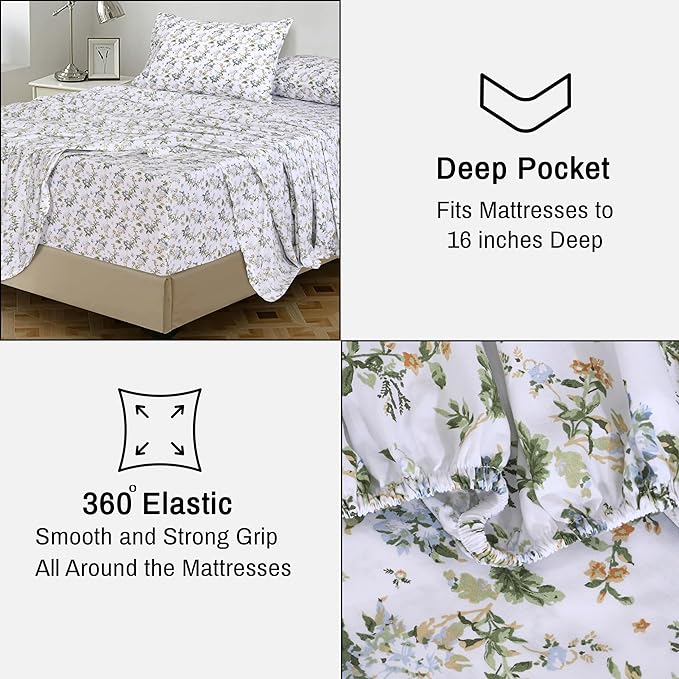 RUVANTI 100% Cotton Sheets – Queen Size Percale Bedding, Cooling & Breathable Floral Design, Durable with a Crisp, Soft & Comfortable Feel, 16" Deep Pocket, 4-Piece Set, Heritage