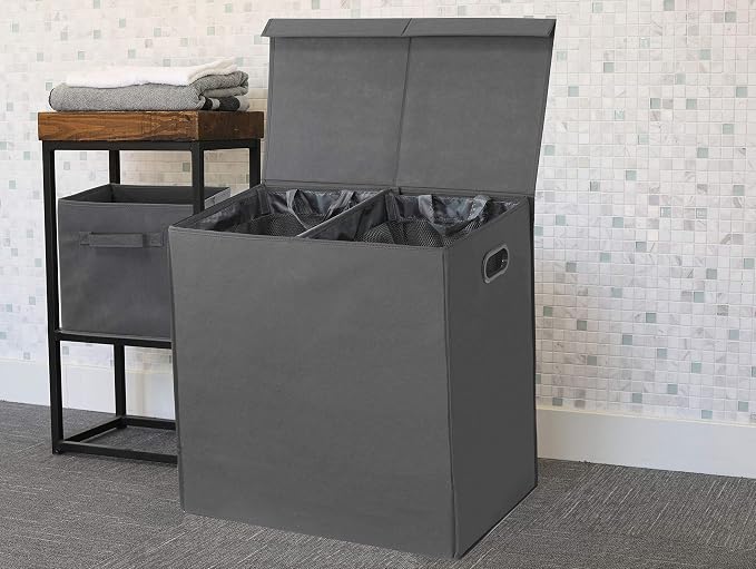 Simple Houseware Double Laundry Hamper with Lid and Removable Laundry Bags, Dark Grey - Image 4