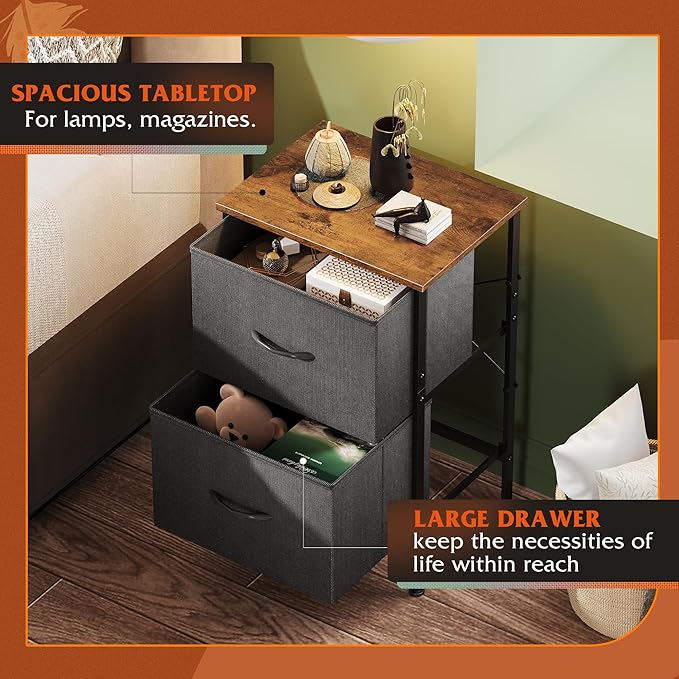 WLIVE Nightstand, Nightstand with 2 Drawers, Bedside Furniture, Night Stand, Small Dresser for Bedroom, College Dorm, End Table with Fabric Bins, Dormitory, Black and Rustic Brown