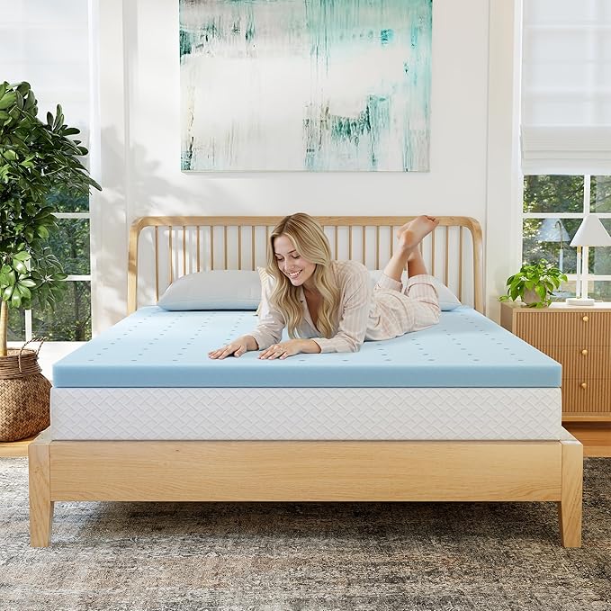 EGOHOME 2 Inch Queen Memory Foam Mattress Topper, Cooling Gel Infused & Pressure Relieving Pad in a Box, Dorm Room Essentials, CertiPUR Certified, Blue