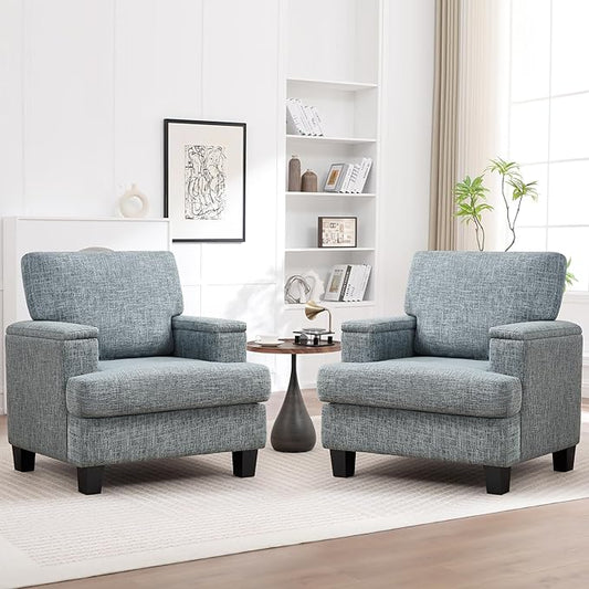 Modern Accent Chairs Set of 2 with Armrest Storage, Oversized Upholstered Reading Chairs, Comfy Large Armchairs, Fabric Single Sofa Chair for Living Room Bedroom (Bluish Grey)