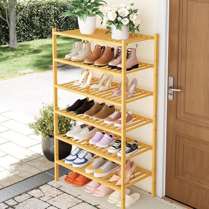 Smiry Shoe Rack, 6 Tier Thick Bamboo Shoe Organizer, Stackable Free Standing Wooden Shoe Storage Shelf for Closet, Entryway, Front Door Entrance, Natural - Image 7