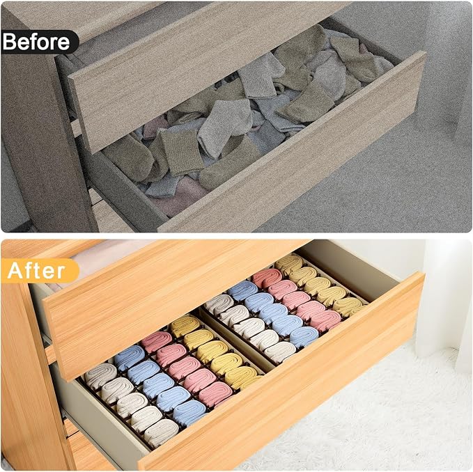Sock Organizer 4 Pack, Large Sock Drawer Divider, Underwear Storage 24 Cell Closet Organizers and Storage for Wardrobes, Drawers. (Beige) - Image 5