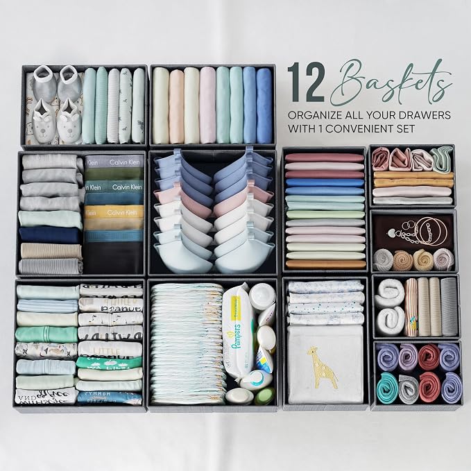 Drawer Organizer Set of 12 Dark Grey - Nursery, Bedroom, Closet Organizer & Storage - Image 3