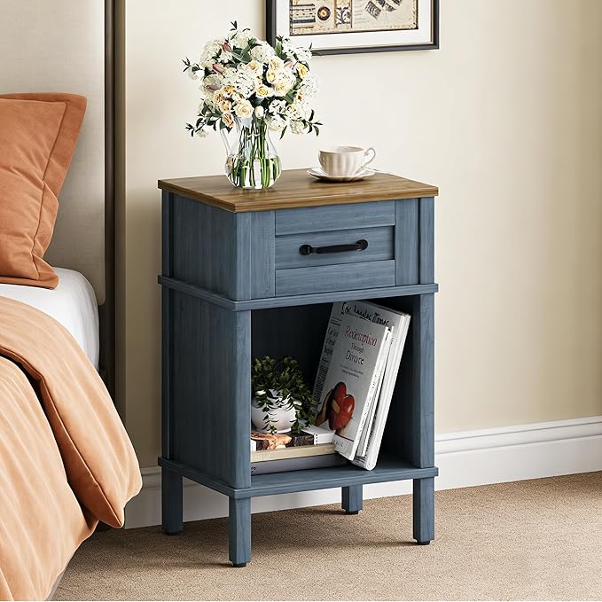 Small Farmhouse Nightstand, Wood Night Stand Set, End Table with Drawer, Small Rustic Wooden Bedside Table, Bed Side Table for Bedroom, Blue end Table with Storage for Bedroom LET512LR