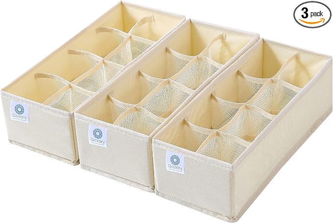 Qozary 3 Pack Sock Underwear Drawer Organizer Dividers, Collapsible Cabinet Closet Storage Boxes for Clothes, Socks, Lingerie, Underwear, Tie, Belt, Baby, Bedroom by Qozary