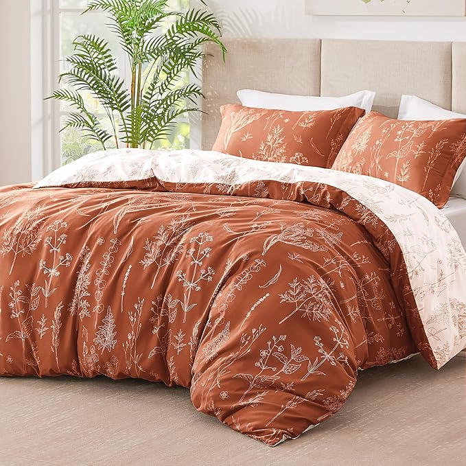 Love's cabin Terracotta Full Comforter Set - Full Size Comforter Set, 3 Pieces Cute Floral Bedding Sets for All Seasons,1 Soft Reversible Botanical Flowers Comforter and 2 Pillow Shams