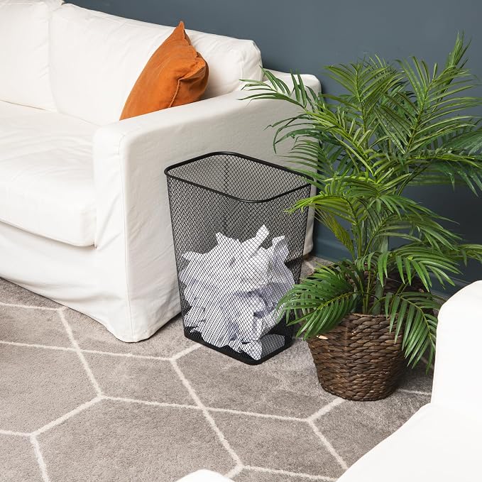 Mind Reader 10 Gallon Executive Waste Paper Bins, Solid Bottom, Non Slip Pads, Office and Home, Metal Mesh, Set of 2, Black - Image 6