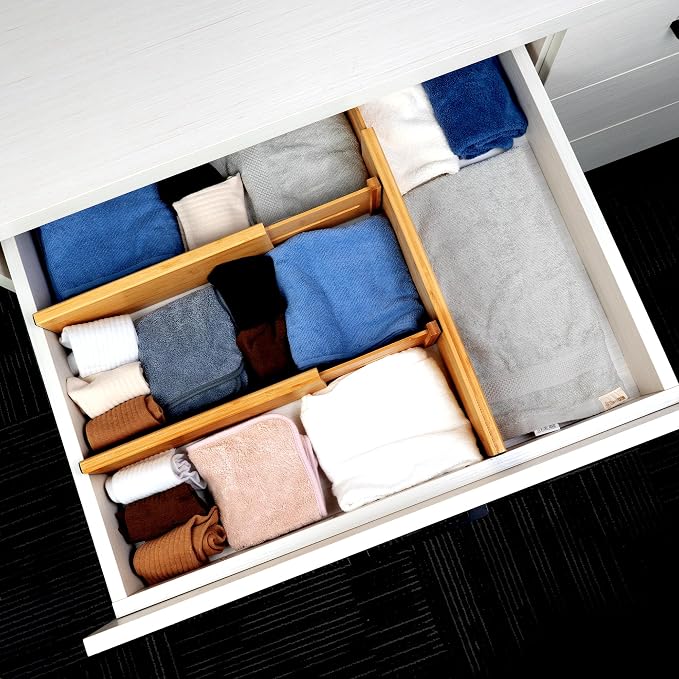 Utoplike Bamboo Dresser Drawer Dividers, 4'' High Adjustable Drawer Organizers for Clothing, Spring Loaded, Works in Kitchen, Bathroom, Bedroom, Drawer, Desk, 4 pcs - Image 4