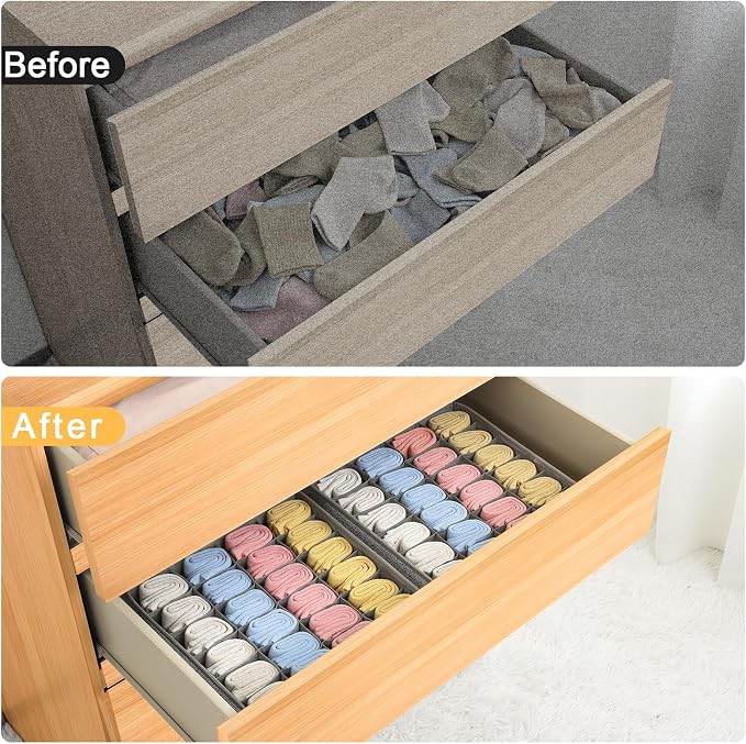 Joyoldelf Sock Drawer Organizer Divider Underwear Organizer 24-cell Fabric Dresser Drawer Organizers Storage Boxes for Socks Lingerie, Handkerchiefs, Ties 4 Pack (Gray) - Image 5