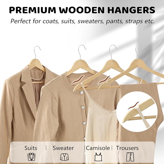 Edergoo Wooden Hangers 20 Pack, Durable Wood Hangers with 360° Swivel Hook & Notches, Slim Coat Hanger Wooden for Closet, Natural - Image 8