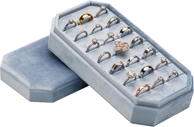 Velvet Ring Organizer Display Tray Jewelry Box Earring Holder Case for Wedding Birthday Christmas Day (Light Ocean Blue) by COWFEX
