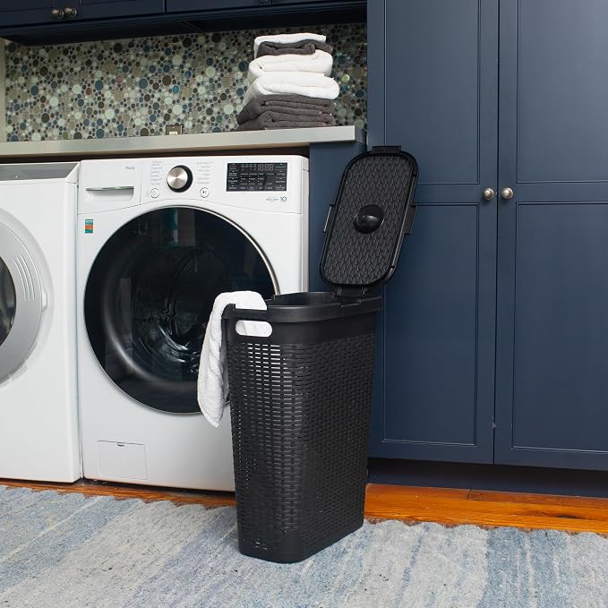 Mind Reader Slim Laundry Hamper with Lid, 40L Clothes Basket, Narrow Tapered Design with Ventilated Cutout Pattern, Plastic, Set of 2, Black - Image 2