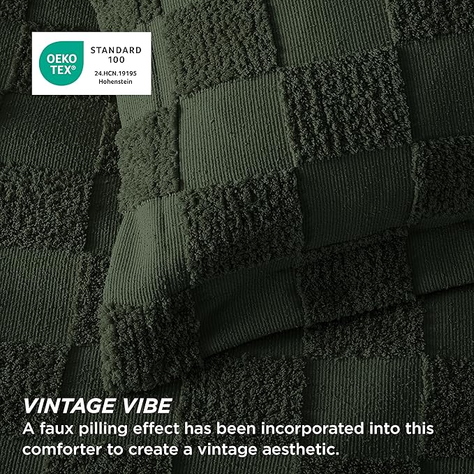 Bedsure Full Size Comforter Set Dark Olive Green, Boho Tufted Bed Set, Checkered Farmhouse Shabby Chic Bedding, 3 Pieces, 1 Plaid Geometric Comforter and 2 Pillow Shams