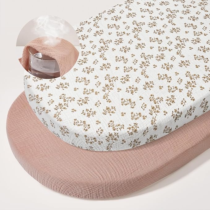 Basumee Muslin Bassinet Sheets for Baby Girl Boy 2 Pack Soft Breathable Baby Bedside Bassinet Fitted Sheets with Bottom Elastic Band Mattress Cover for Rectangle Oval Hourglass Bassinets