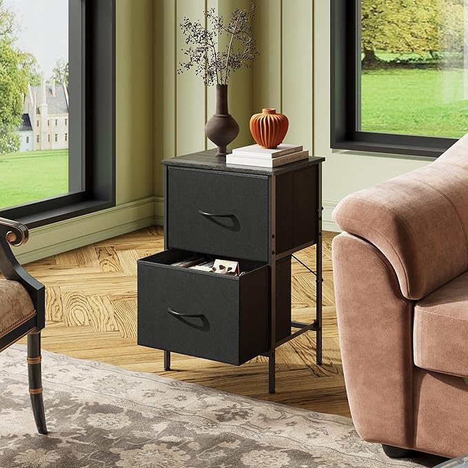 WLIVE Nightstand Set of 2, 2 Drawer Dresser for Bedroom, Small Dresser with 2 Drawers, Bedside Furniture, Night Stand, End Table with Fabric Bins for Bedroom, Dorm, Charcoal Black