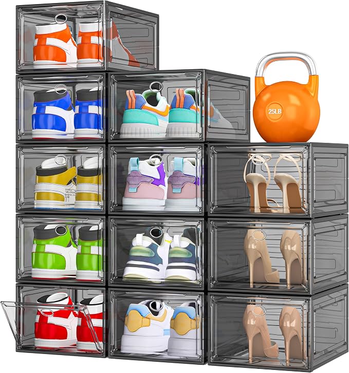 12 Pack Clear Shoe Storage Organizer with Magnetic Door, Stackable Plastic Shoe Boxes for Sneakers, Boots, and Heels, Space-Saving Foldable Shoe Rack for Closet, Durable Shoe Cabinet Organizer, Black by 7+code