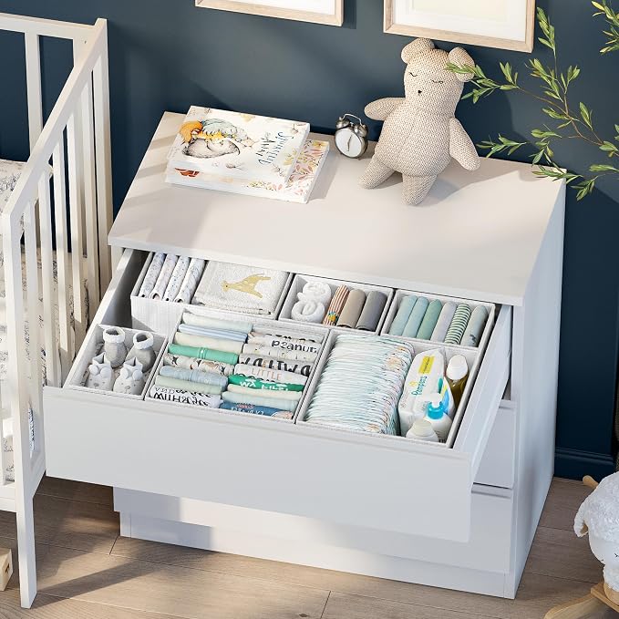 Drawer Organizer Clothes Set of 12 White-Grey - Dresser Organizer For Nursery, Bedroom, Closet - Perfect Baby Clothes Organizer and Storage & General Nursery Organization or Dresser Drawer Organizers - Image 4