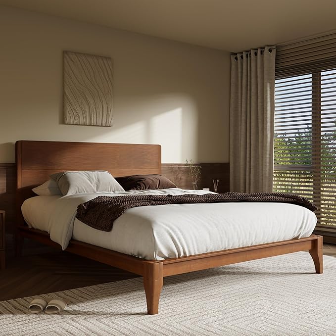 Merax Full Size Bamboo Platform Bed, Mid-Century Modern Bed Frame with Tall Headboard, Solid Sustainable Bedframe Full-Size, Wood Slat Support, No Box Spring Needed, Easy Assembly, Noise Free, Brown