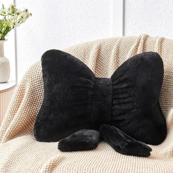 Black Bow Pillow,12'' Bow Decorative Pillows with Faux Rabbit Fur,Soft Bow Throw Pillows Aesthetic Bow Shaped Pillow for Bed Sofa Couch Home Decor