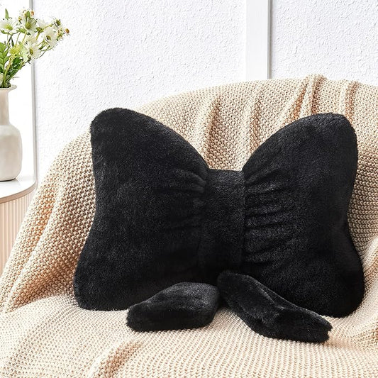 Black Bow Pillow,12'' Bow Decorative Pillows with Faux Rabbit Fur,Soft Bow Throw Pillows Aesthetic Bow Shaped Pillow for Bed Sofa Couch Home Decor