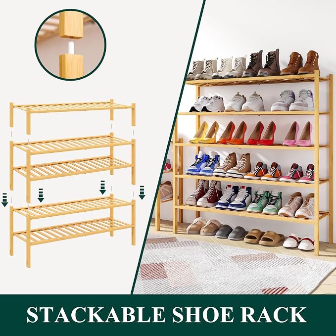 Smiry Shoe Rack, 2 Tier Long Bamboo Shoe Organizer, Stackable Free Standing Wooden Shoe Storage Shelf for Closet, Entryway, Front Door Entrance, Natural - Image 4