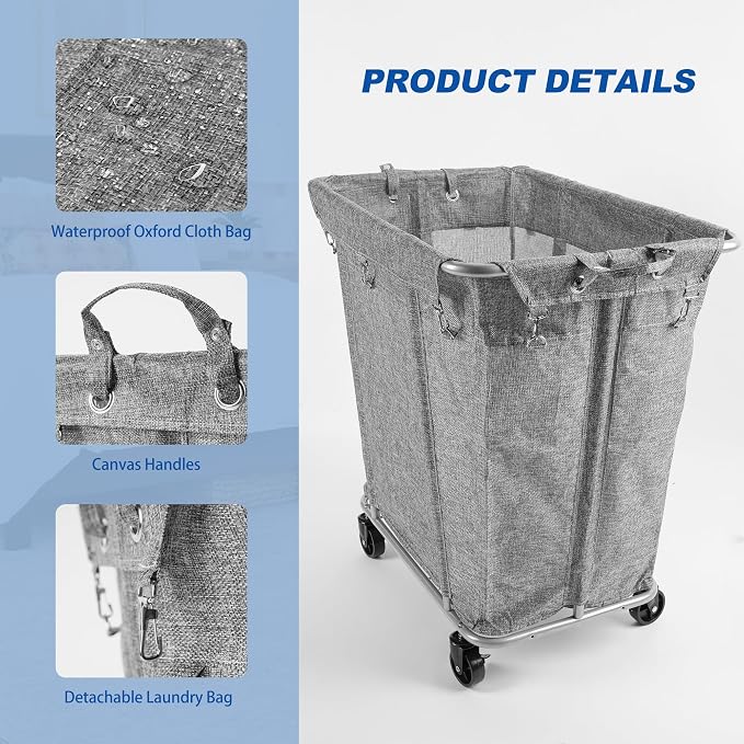 PLKOW Laundry Cart with Wheels 320L Large Rolling Laundry Cart for Commercial/Home, Rolling Laundry Basket with Steel Frame and Waterproof Lining, 9 Bushel, 32.3L x 19.7W x 30.7H Inch, Grey - Image 4