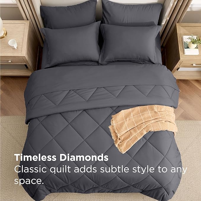 Bedsure 7 Pieces Queen Comforter Set Premium Series, Hotel Luxury Soft Bed in a Bag, Goose Down Alternative, Safe for Sensitive Skin Bedding Comforter All Season Medium Warmth, Dark Grey Queen Size
