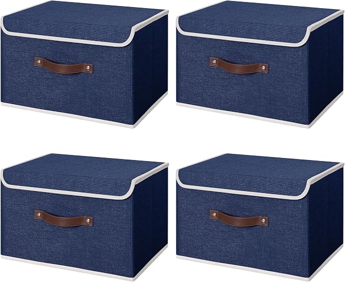 ANMINY 4PCS Storage Bins with Lid PU Leather Handles Storage Boxes PP Plastic Board Decorative Foldable Lidded Cotton Linen Fabric Home Cubes Baskets Closet Organizer Containers - Blue, Large Size by ANMINY