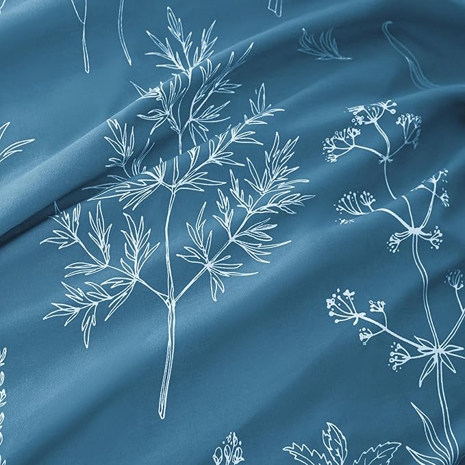Love's cabin Mineral Blue Comforter Set King - King Size Comforter Set, 3 Pieces Cute Floral Bedding Sets for All Seasons,1 Soft Reversible Botanical Flowers Comforter and 2 Pillow Shams