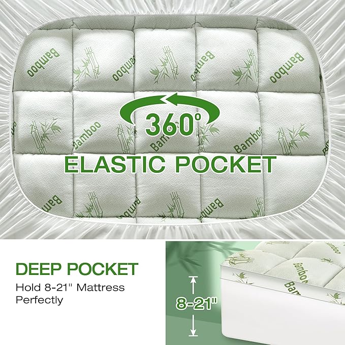 Mattress Topper King Size Viscose Derived from Bamboo, Thick Soft Pillow Top Mattress Pad Cover for Back Pain, Mattress Protector with 8-21 Inch Deep Pocket, White