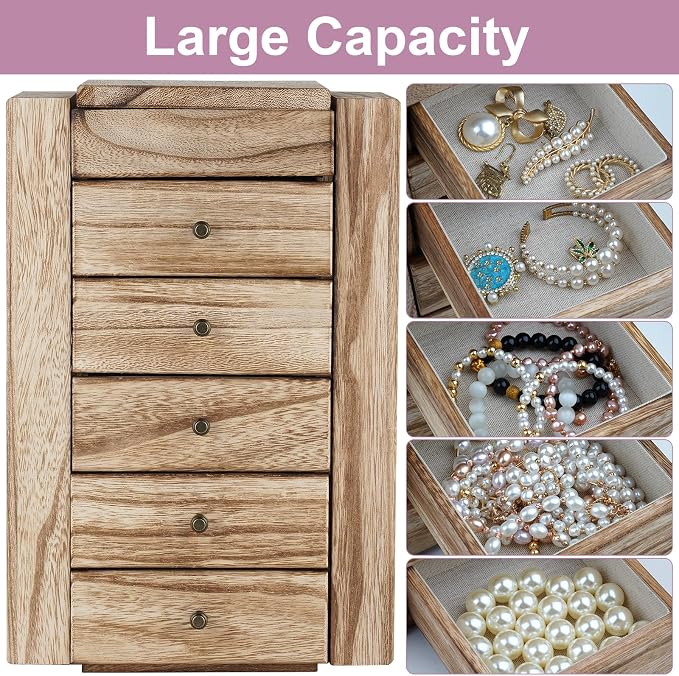 Meangood Jewelry Box Wood for Women, 6-Layer Large Organizer Box with Mirror & 5 Drawers for Rings, Earrings, Necklaces, Vintage Style, Carbonized Black - Image 3