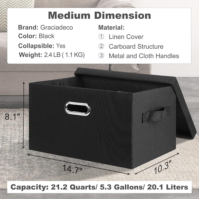 Graciadeco Medium 15" 21 Quart Collapsible Stackable Storage Bins with Lids, 1 Pack Black Foldable Fabric Closet Storage Boxes with Lids, 4 Handles Heavy-duty Linen Cube Baskets for Bedroom - Image 2