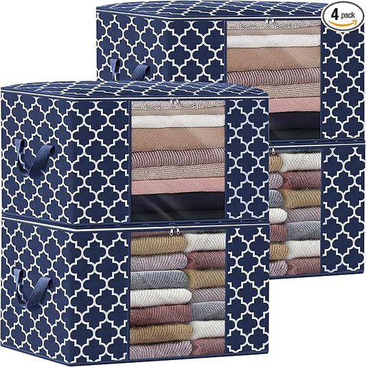 WISELIFE Storage Bags, Large Blanket Clothes Organization and Storage Containers for Bedding, Comforters, Foldable Organizer with Reinforced Handle, Clear Window,Sturdy Zippers,(Blue, 4 x 100L)