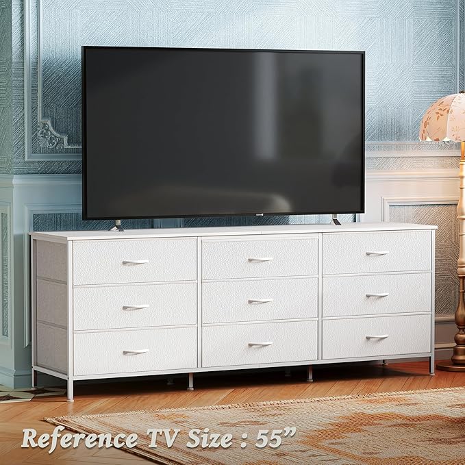 Huuger 63 Inch Dresser for Bedroom, Dresser for Closet with 9 Fabric Drawers, Large TV Stand for 55, 65, 70 Inch TV, Entertainment Center with Storage, Wide Long Chest of Drawers, White