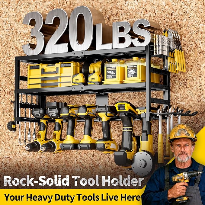 Power Tool Organizer Wall Mount Heavy Duty 320 lbs, 3 Layers Storage Rack with 9 Drill Holders & Battery Storage, cordless tool organizer for Garage, Workshop & Tool Room - Image 3