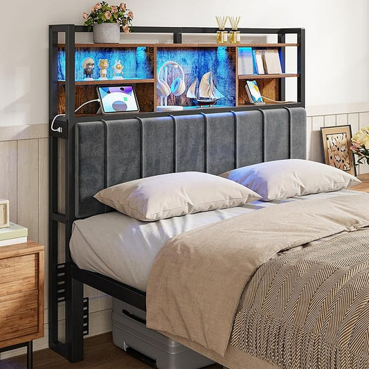 Hzuaneri Headboard with 3-Tier Storage Shelves, Velvet Upholstered Head Board with 2 Outlets, USB Ports & LED Light, Soft Backrest for Full Size Bed, Rustic Brown and Black BH13801B