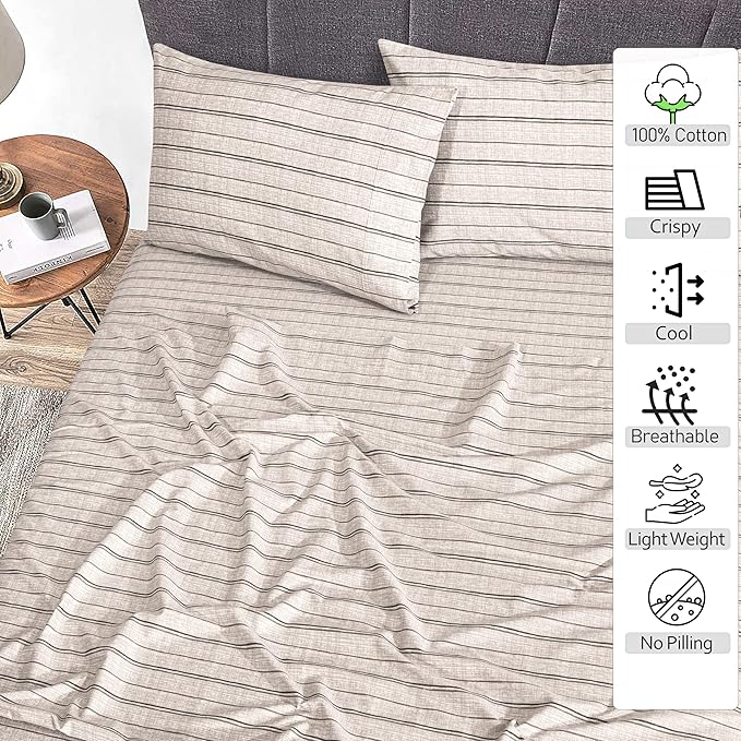 RUVANTI 100% Cotton Sheets – Twin Size Percale Bedding, Cooling & Breathable Floral Design, Durable with a Crisp, Soft & Comfortable Feel, 16" Deep Pocket, 3-Piece Set, Brown Stripes