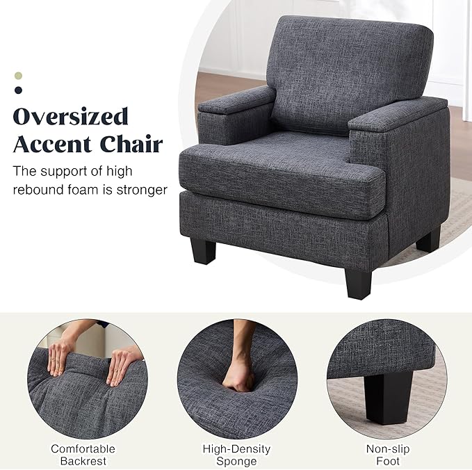Accent Chair for Living Room, Modern Upholstered Reading Chairs with Armrest Storage, Comfy Large Armchair, Fabric Single Sofa Chair for Bedroom (Dark Grey)