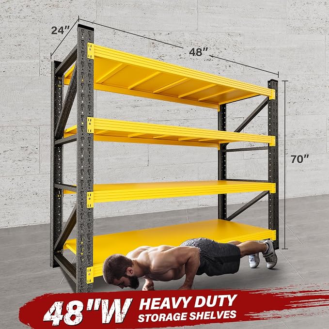 48" Wide Heavy Duty Garage Shelving Units,3000LBS Deep Storage Shelves,Yellow Metal Garage Shelves,Large Storage Rack,Steel Shelf,Industrial Shelving for Shop,Warehouse,Basement,48" W x 24" D x 70" H - Image 2