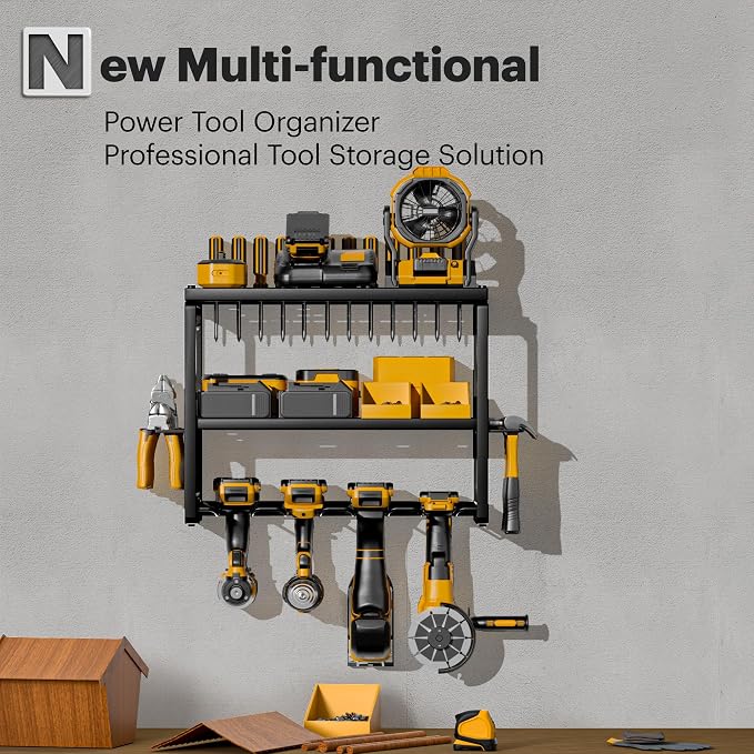 Spampur Power Tool Organizer Wall Mount, 3 Layers Storage Rack with 4 Drill Holders, Garage Storage Rack for Handheld, Metal Tool Shelf Utility Rack for Cordless Power Tools, Suitable for Giving men - Image 7