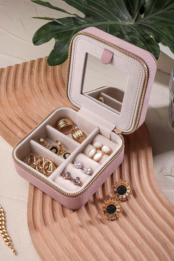 S.Leaf Travel Jewelry Organizer Boxes for Women Small Portable Necklace Earrings Bracelet Rings Travel Case Best Friend Birthday Gifts for Women Trendy (05_Suede_Touch_Dust_Pink) - Image 5