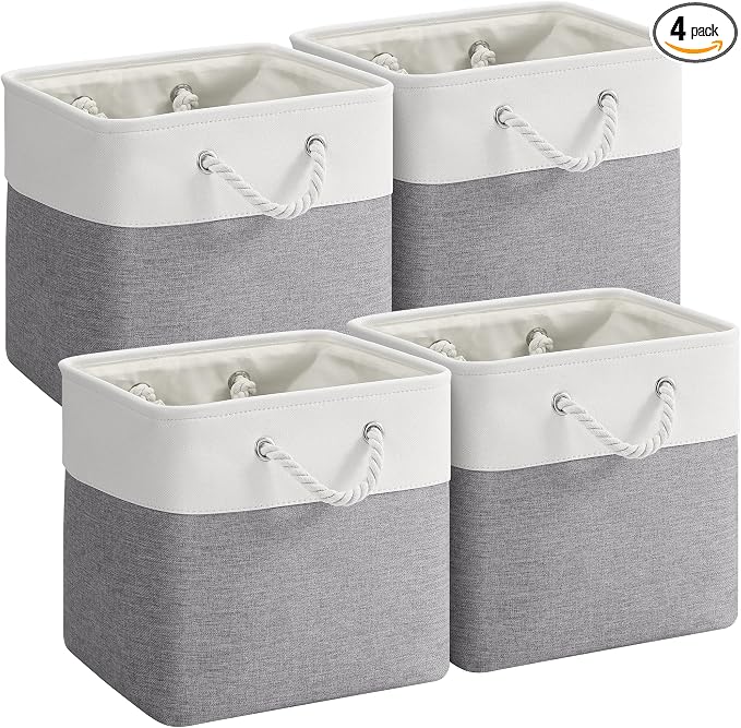 12 x 12 Inch Cube Storage Bins, 4 Pack Fabric Storage Basket with Handles, Foldable Boxes Organizer for Shelf Baskets for Home, Clothes (White/Grey) by VQRTEXAStorageBasket