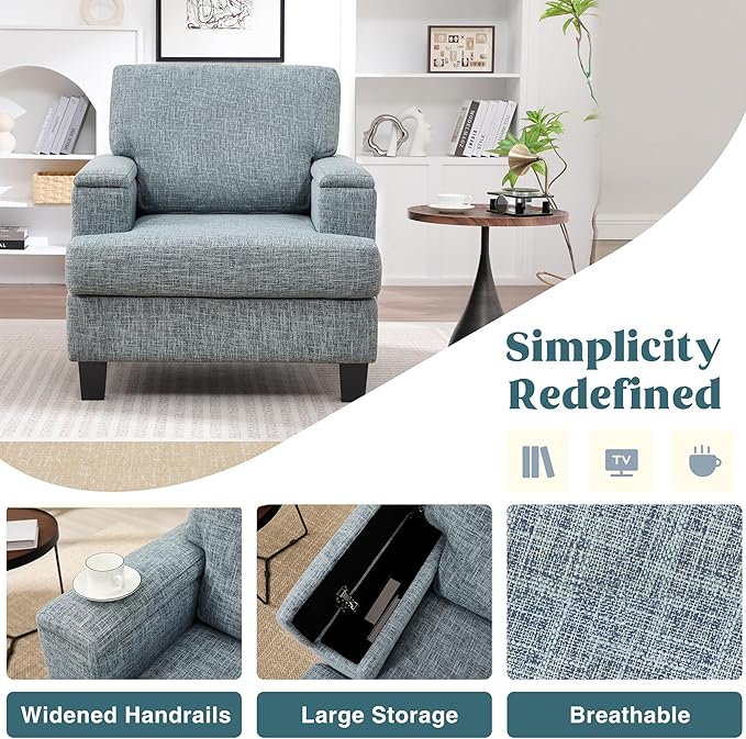 Oversized Accent Chair with Armrest Storage, Modern Upholstered Reading Living Room Chairs, Comfy Large Armchair, Fabric Single Sofa Chair for Bedroom (Bluish Grey)