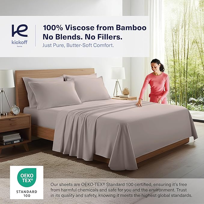 Kickoff Viscose Bamboo Sheets Split King Size 5-pc 100% Organic Bamboo Viscose Bed Cooling Sheets Split King Size Set Cool Bedding for hot Sleepers Sheet, Flat, Fitted, Pillowcases (Dark Grey, SK)