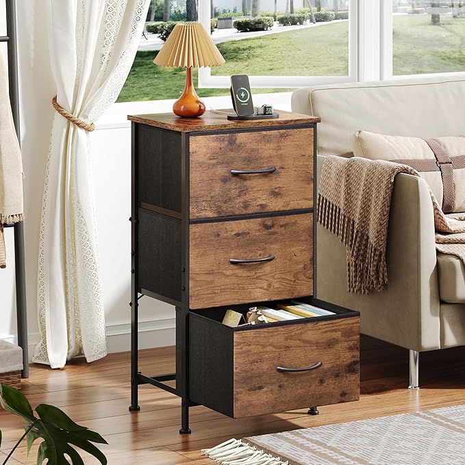 WLIVE Dresser with 3 Drawers, Fabric Nightstand, Organizer Storage Dresser for Bedroom, Hallway, Entryway, Closets, Sturdy Steel Frame, Wood Top, Easy Pull Handle, Rustic Brown Wood Grain Print
